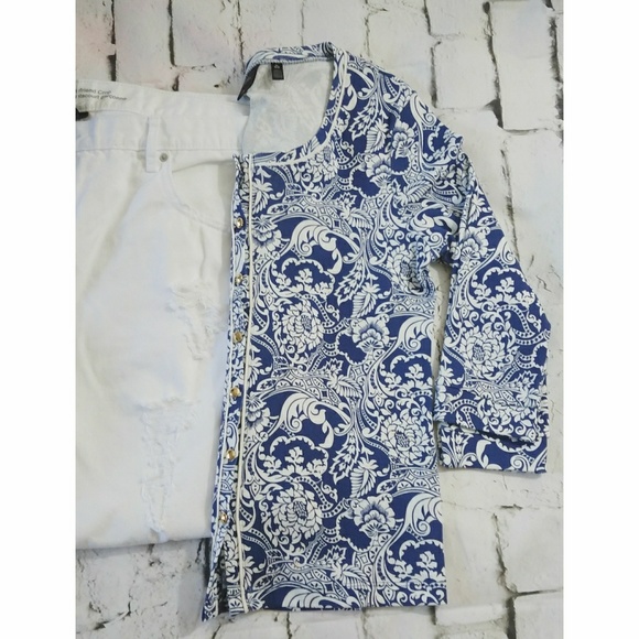 Rafaella blue & white 3/4 sleeve cardigan sz M - Picture 2 of 4